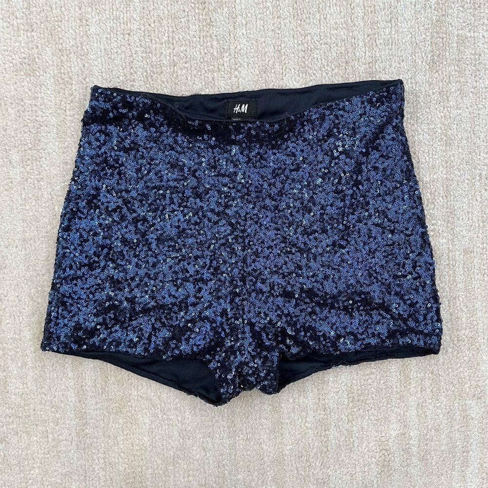 H&M High Waisted Blue Pull On Sequin Shorts M